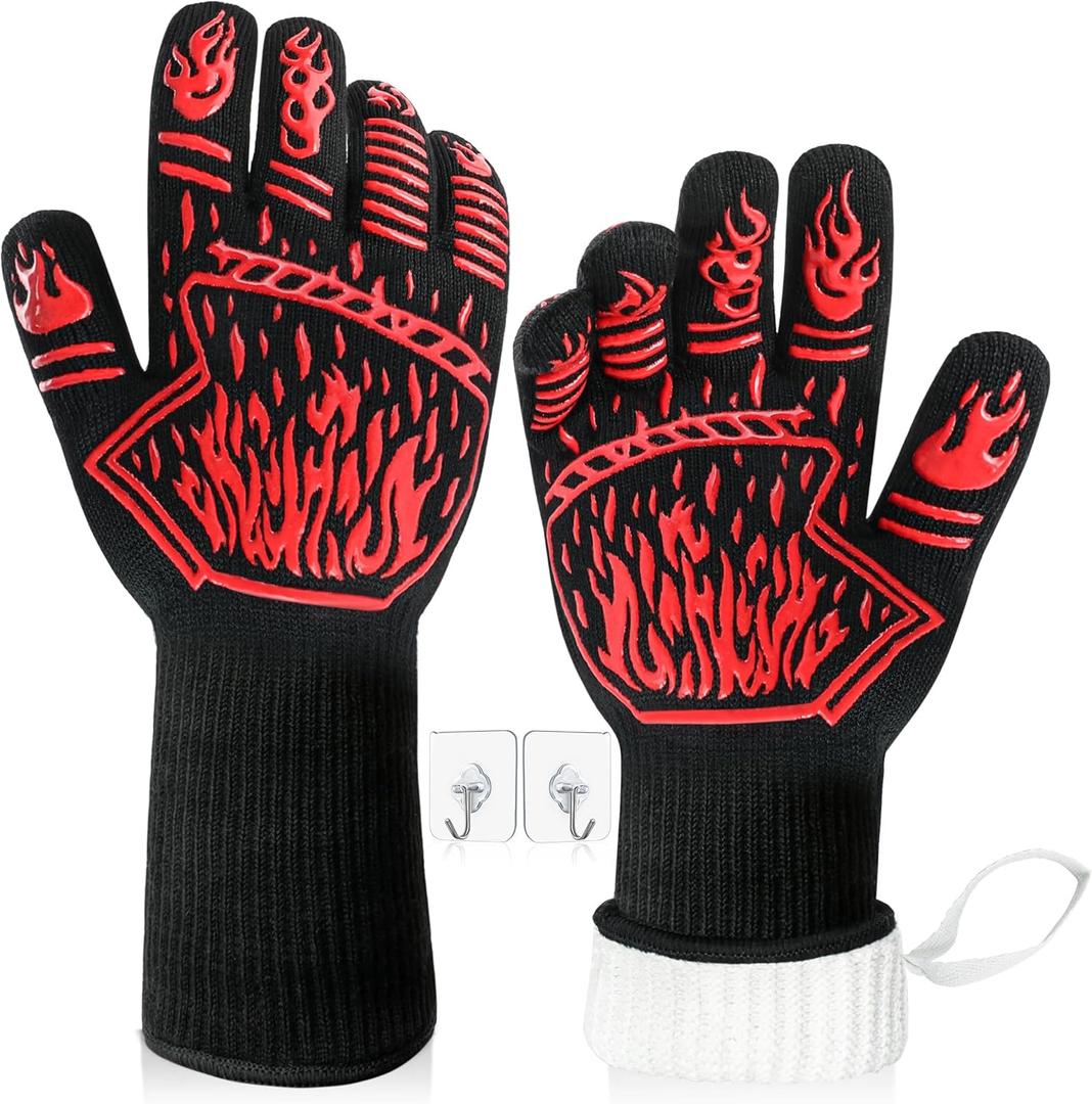 BBQ Gloves, 1472F Heat-Resistant and Anti Slip Long Grilling Gloves, One Size Fits All, Gift Two Hooks, Excellent Hand and Wrist Protection in The Kitchen/Fireplace/Griddle/Smoker/Fire Pit (Red)