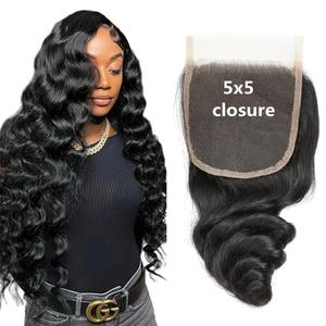 Brazilian Loose Wave 5x5 Lace Closure 100% Unprocessed Human Virgin Hair Pre Plucked Loose Deep Wave Pre-Plucked Hairline Frontal Closure Natural Black With Baby Hair (5x5 loose wave closure, 18inch)