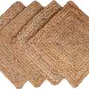 GLAMBURG Jute Braided Placemats Set of 4 Reversible, 100% Jute, Nonslip 13x13 Square Farmhouse Vintage Jute Placemats for Dining Table, Perfect for Indoor Outdoor, Natural
