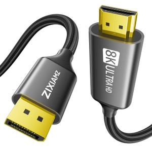 8K Active DisplayPort 1.4 to HDMI 2.1 Cable 6FT (8K@60Hz, 4K@120Hz, 2K@144Hz) Unidirectional DP to HDMI Braided Cord Supports HDCP 2.3 HDR10 Display Port Cable for AMD,NVIDIA,Monitor,PC