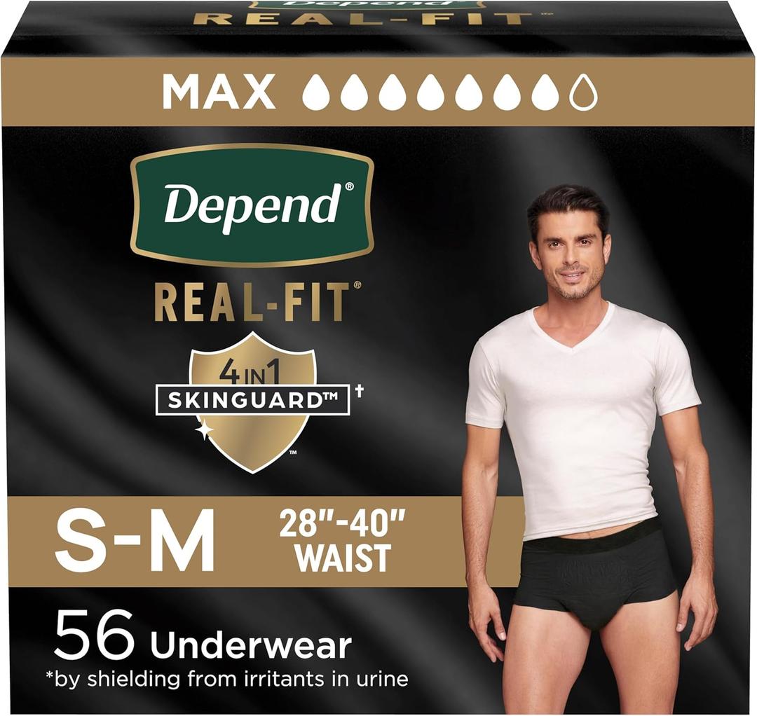 Depend Real Fit Adult Diapers, Incontinence Underwear for Men, Disposable, Maximum Absorbency, Small/Medium, Black, 56 Count (2 Packs of 28), Packaging May Vary