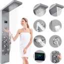 Shower Panel Tower System with Rainfall Waterfall Head and Adjustable Massage Body Jets LED Celsius Temperature Display Handheld Sprayer Stainless Steel Nickel and Chrome Wall Mount Shower Panels