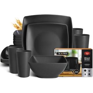 Teivio 16-piece Plastic Wheat Straw Square Dinnerware Set for 4, Unbreakable Dinner Plates, Salad Plates, Snack Bowls, Tumblers 13.5 oz, Dishwasher Safe, Kitchen Outdoor Camping,Black