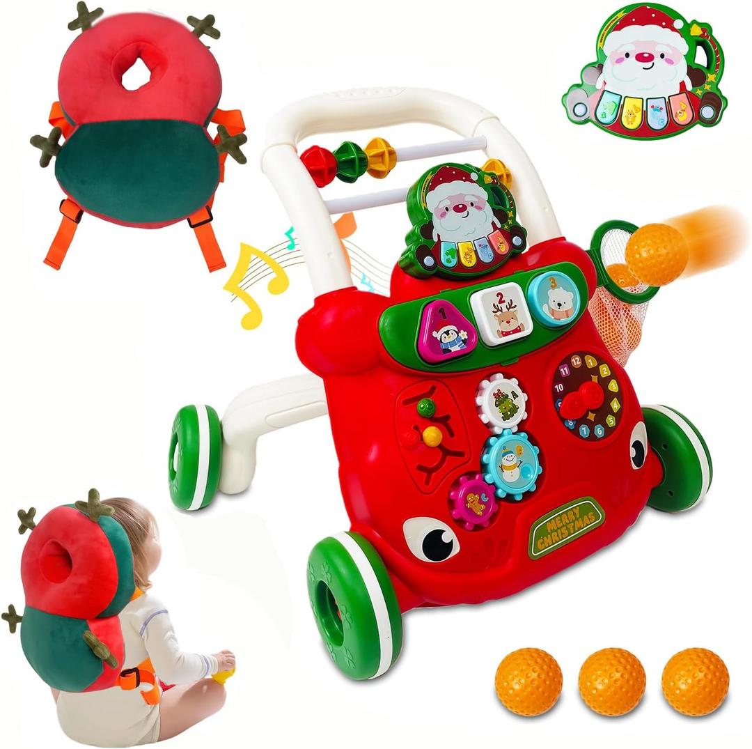 Baby Walker Toys Set,Christmas Baby Walker & Baby Head Protector Backpack,Push Walker for Boys & Girls Learning to Walk,Sit to Stand Early Educational Toys, for Toddler, Red