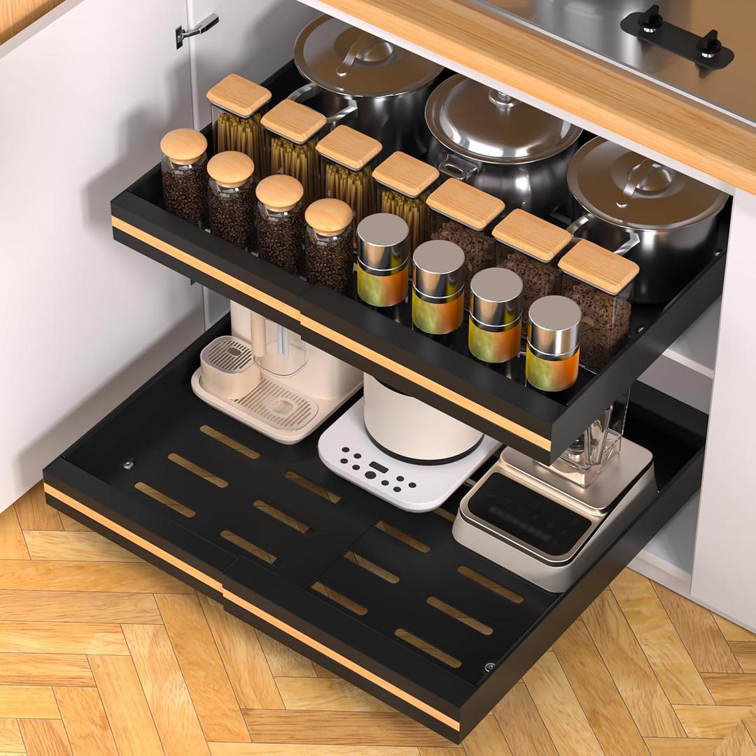 2 PACK Pull Out Cabinet Organizer 21" DEEP|Metal Heavy Duty Slide Out Drawers Fixed with Nano Adhesive Film|Multifunctional Drawer Organizers For Kitchen/Pantry Cabinets(Black, 21''DEEP/12-20"Width)