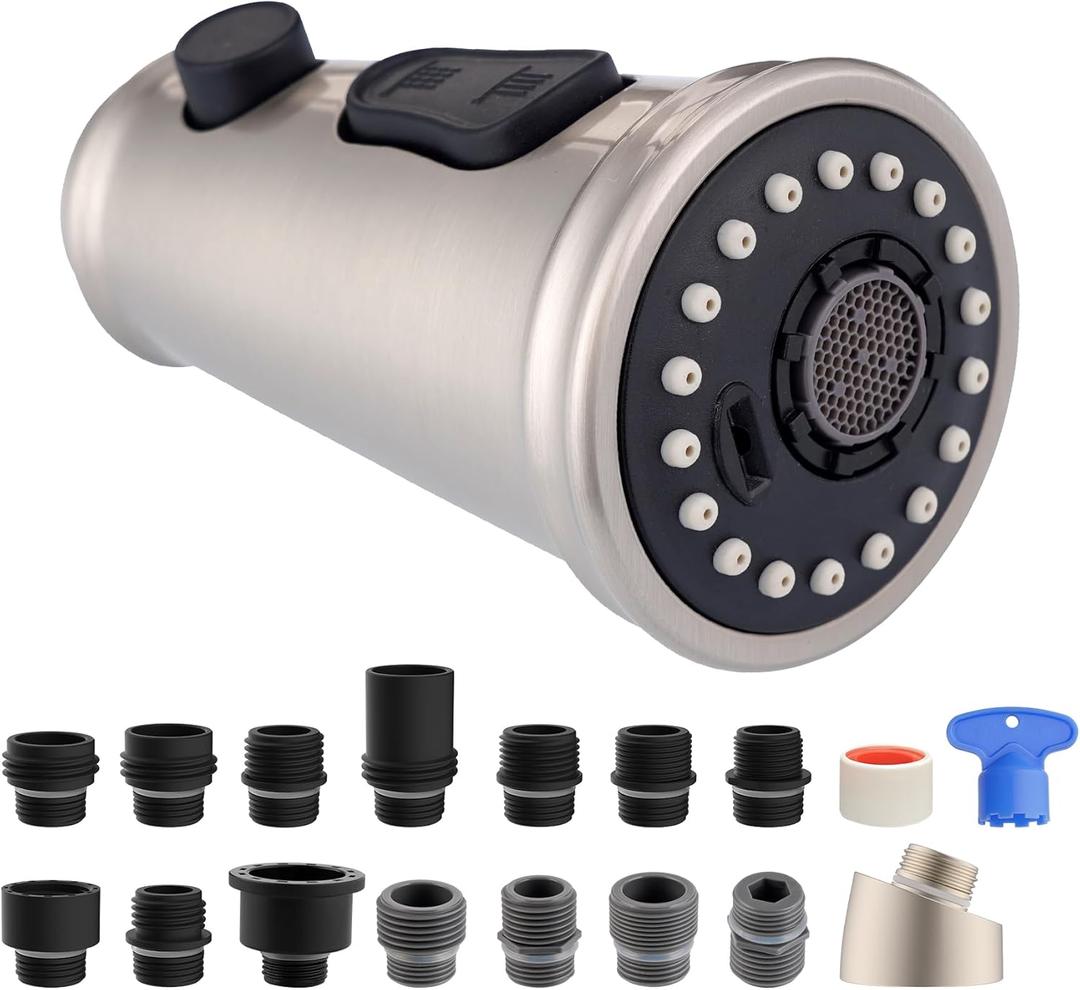 Hibbent Pull Down Kitchen Faucet Head Replacement, 3-Function Sink Sprayer Head Nozzle with 15 Adapters, Compatible with Moen, American Standard, Delta, Kohler Faucets-Brushed Nickel
