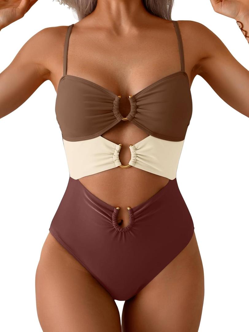 Eomenie Womens Cutout One Piece Swimsuit with Ring Linked Sexy Monokini Bathing Suit for Beach Vacation (Large, Dark Brown Color Block)