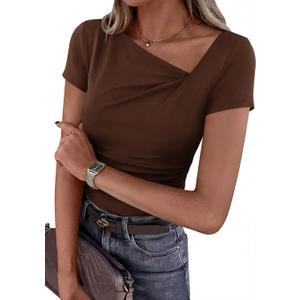 PRETTYGARDEN Women's 2026 Summer Asymmetrical Y2K Tops Trendy Ribbed Short Sleeve Fitted Tee Shirts Spring Fashion Clothing (Medium, Brown)