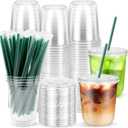 50PCS 12 oz Clear Plastic Cups with Lids and Dark Green Straws, Round Bottom Disposable To Go iced Coffee Cups, Small Bubble Tea Smoothie Cups for Drink Shops, Picnic, Takeout, Party, Office