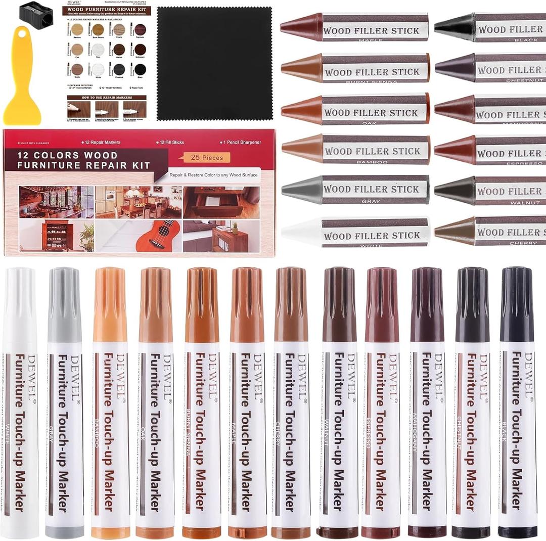 DEWEL Wood Furniture Markers & Filler Sticks Repair Kit, New Improved 12 Colors Touch Up Markers and Crayons - Covering Damaged Wooden Surfaces and Floors, for Pets Scratches, Stains, Cracks and Dents (Black, Gray, Maple, Oak, Cherry, Walnut, Mahogany, White, Chestnut, Burnt Sienna, Espresso, Bamboo)