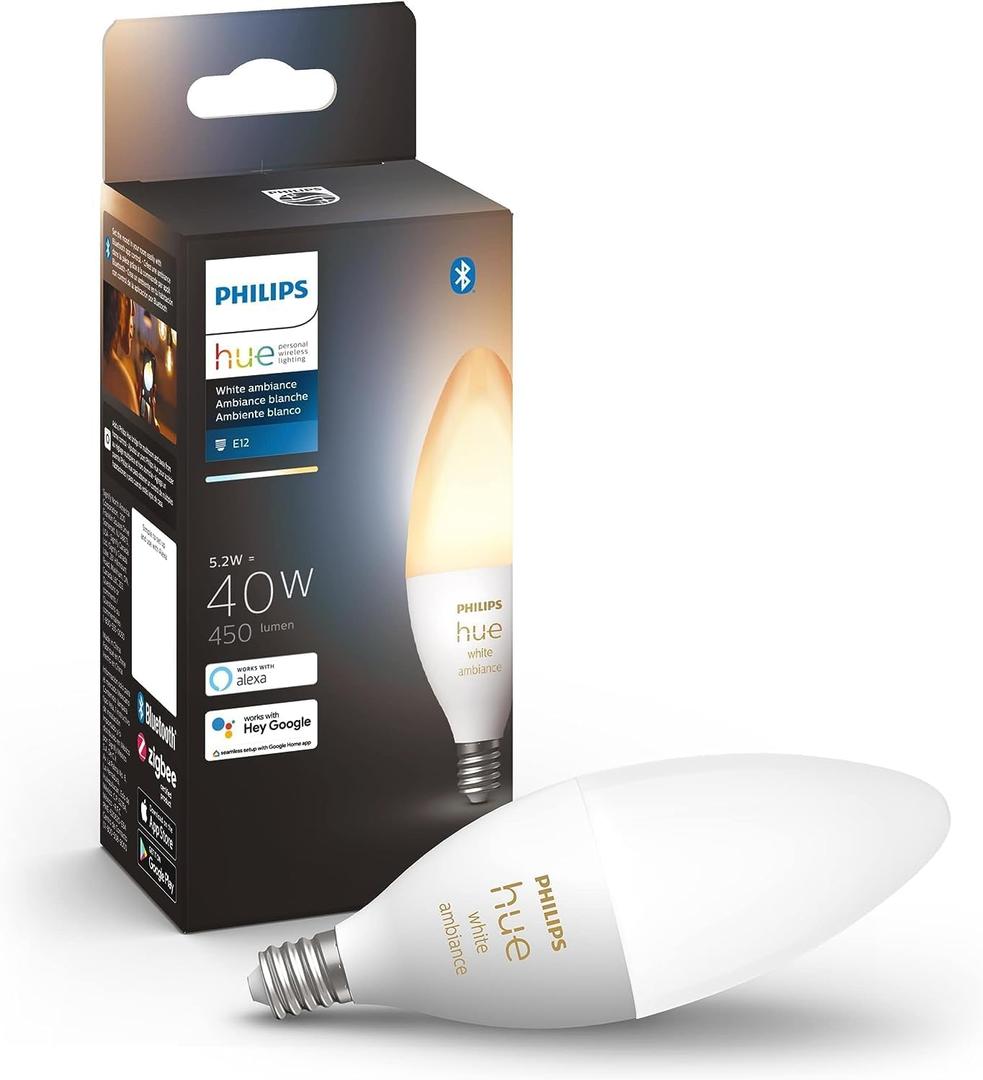 Philips Hue 40W B39 Candle-Shaped LED Bulb - White Ambiance- 1 Pack - 450LM - E12 - Indoor - Control with Hue App - Compatible with Alexa and Google Assistant