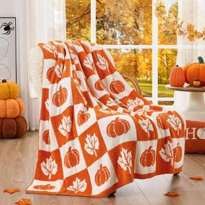 Snuggle Sac Fall Checkered Blanket Orange Pumpkin Maple Leaf Throw Blanket for Couch,Halloween Soft Cozy Luxury Decoration Blanket for Sofa Bed Living Room,5060 inches