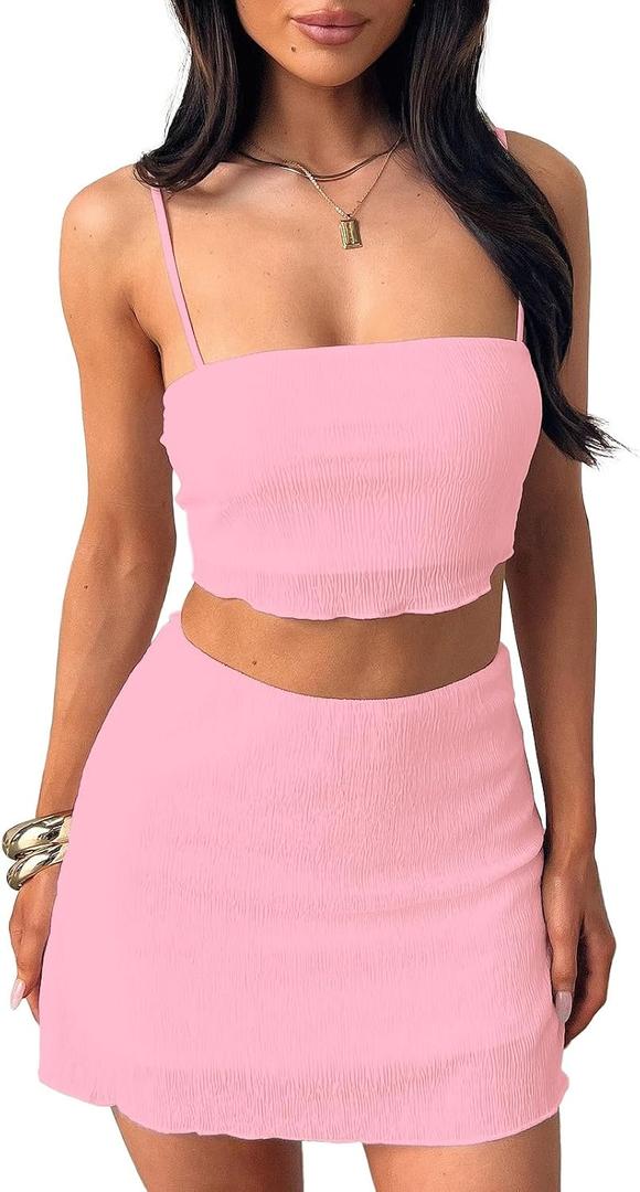 Two Piece Mini Skirt Set Women Plisse Crop Top Summer Outfit Pink M (M)