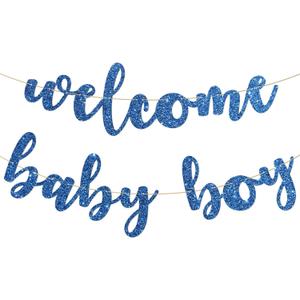 Welcome Baby Boy Banner - Blue Glitter Party Sign for Baby Shower, 1st / 6 Months/Gender Reveal Celebration