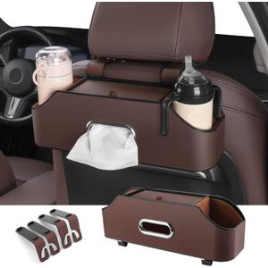 HOLDCY Car Back Seat Organizer with 2 Drink Cup Holder - Tissue Box and Storage Box Hook - Multi-functional Storage - Great for Kids and Travel (Brown)
