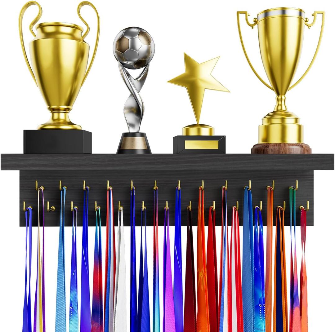 Medal Holder Display Trophy Shelf Organizer, Sturdy Wooden Race Award Hanger Rack with 25 Steel Hooks, Wall Mount Storage Stand for Sports Fans, Cheer Success (Charcoal Gray)
