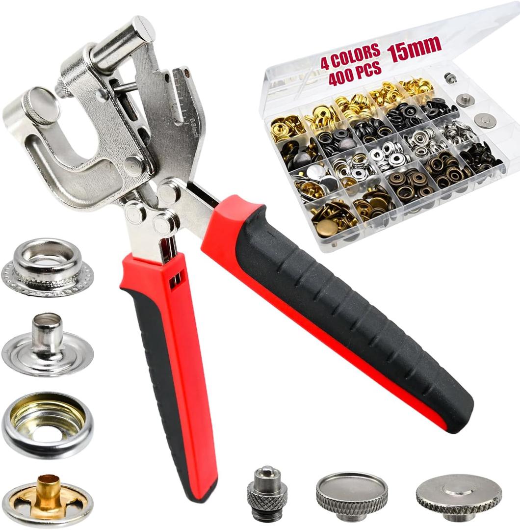 Snap Fastener Tool Kit, 4 Colors 400 PCS Boat Cover Snaps with Built in Punching Snap Installation Tool, 15 MM Canvas Snaps for Leather, Clothing and DIY Handmade