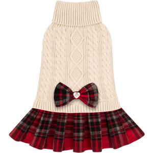 KYEESE Dog Sweater Stretchy Cat Sweaters Knitwear Dog Sweaters for Small Dogs Girl Soft Turtleneck Pet Sweater Dress Warm Pullover Pet Coats Thick Dogs Clothes with Bowtie for Cold Weather Winter (Large13-19lbs, 01# Beige)