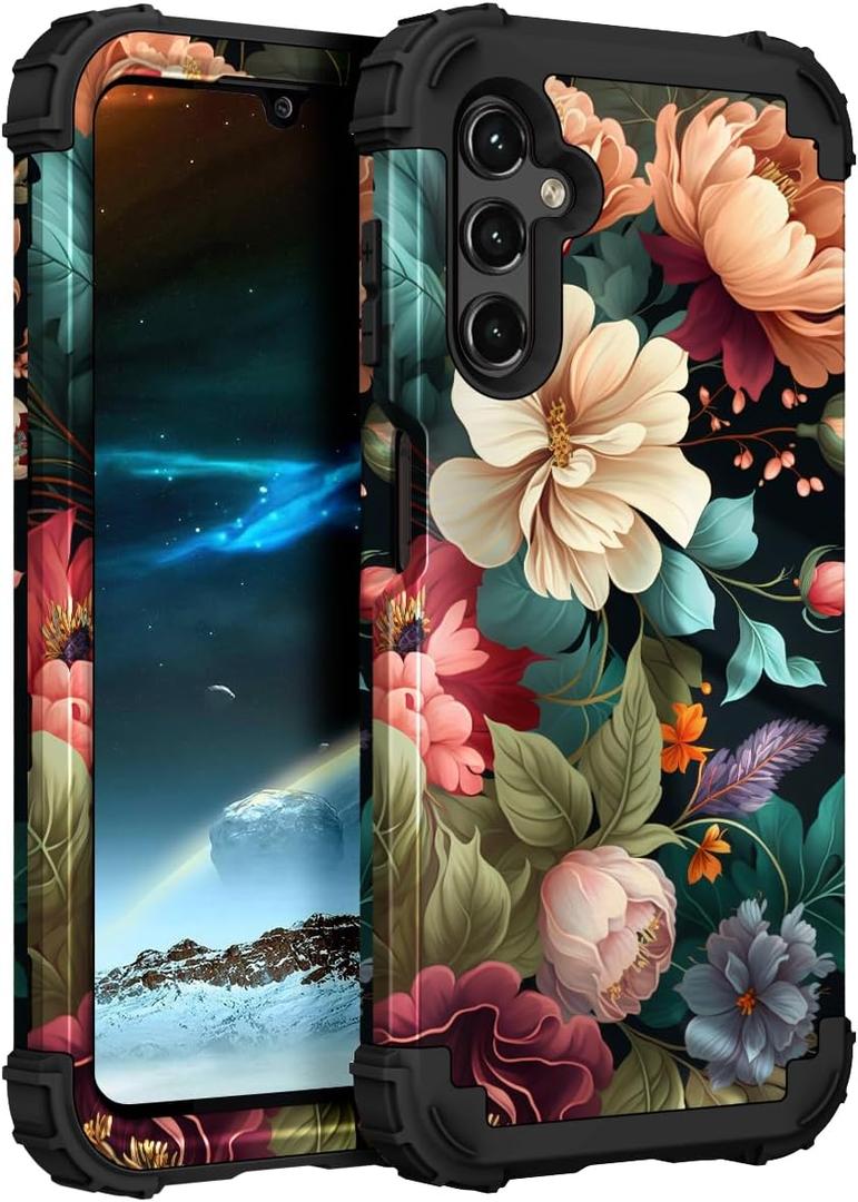 PIXIU Unique Flower Pattern Compatible with Samsung Galaxy A14 5G case, Heavy Duty Dual Layer Shockproof Full-Body Protective Sturdy Hybrid Cute Rugged Case for Women, Girls, Kids-Black Floral (T77)