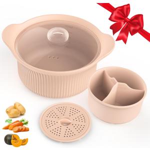 42oz Microwave Silicone Steamer 3 Compartmented for Vegetables/Fish/Baby Food, 4 in 1 Microwave Pot with Handle, Lid, Basket, Recipe ,Oven & Dishwasher Safe, Easy Clean, Korea Design 100% Food Grade (Pink)