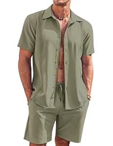 COOFANDY Men's 2 Piece Short Set Cuban Guayabera Shirts Short Sleeve Casual Beach Outfits Set (Khaki, L)