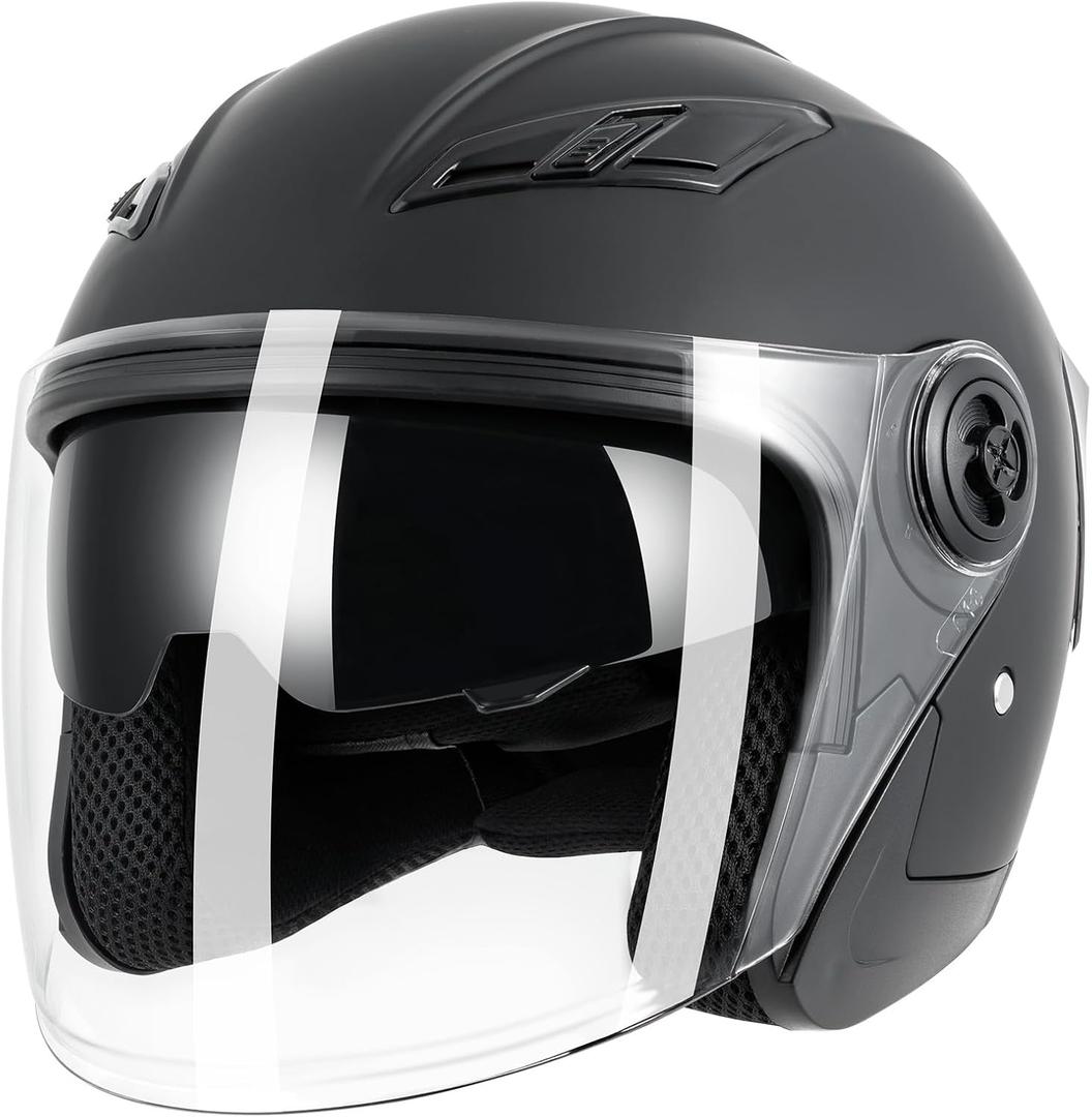 Adult 3/4 Open Face Motorcycle Helmet, Dual Visor, DOT Approved, Black, M