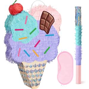 WERNNSAI Ice Cream Piata - Summer Ice Cream Party Decorations for Kids Girls Birthday Pink Pinata Game Candyland Sweet Theme Party favors supplies with Bat Blindfold