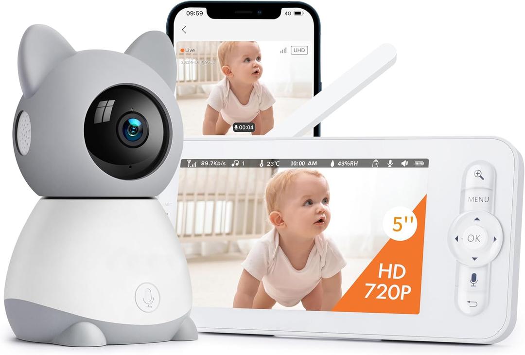 2K Baby Monitor, Baby Monitor with Camera and Audio, 5" Color Display, Infrared Night Vision, 2-Way Talk, Temperature & Sound Alarm, Cry & Motion Detection, Free Phone App