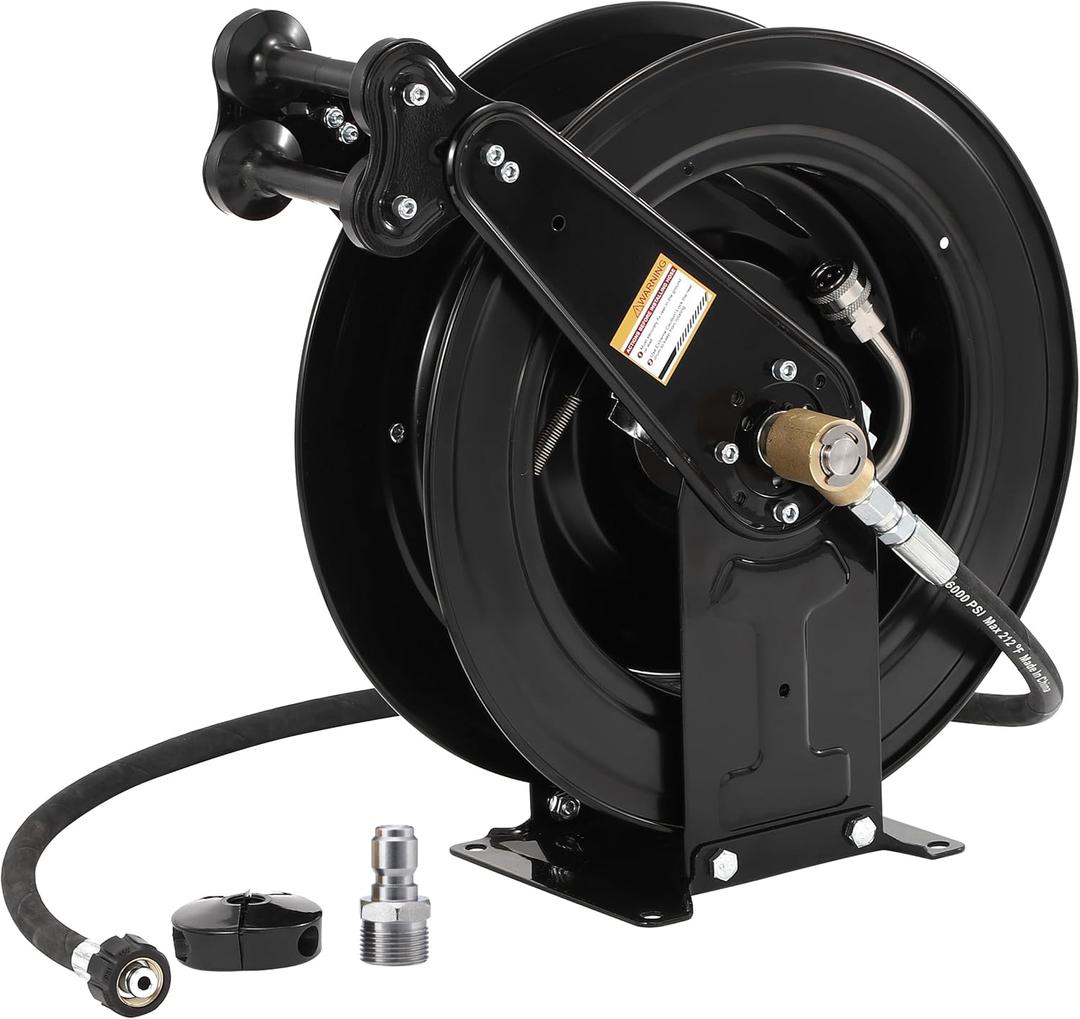 FIXFANS High Pressure Washer Hose Reel for Water/Air/Oil, 3/8" X 50 FT Steel Dual Arm Auto-Retractable Power Wash Hose Reel, Heavy Duty Hose Reel 4000 PSI