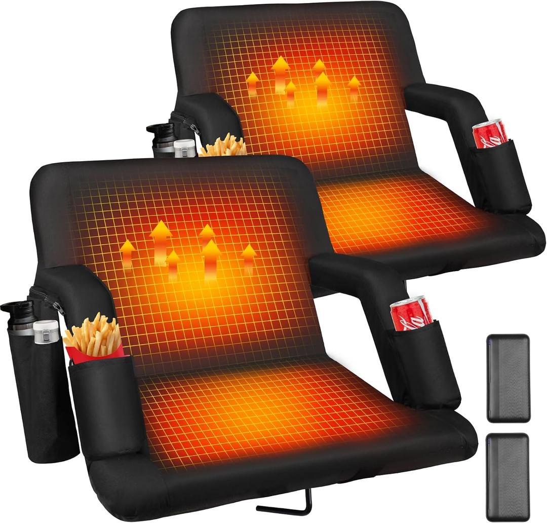 Heated Stadium Seats for Bleachers with Back Support with 5V 20000mAh Battery and Wide 20"/25" Dual-Sided Heated Bleacher Seat 6 Reclinng Positions Heat Heated Stadium Chair USB 3 Levels of