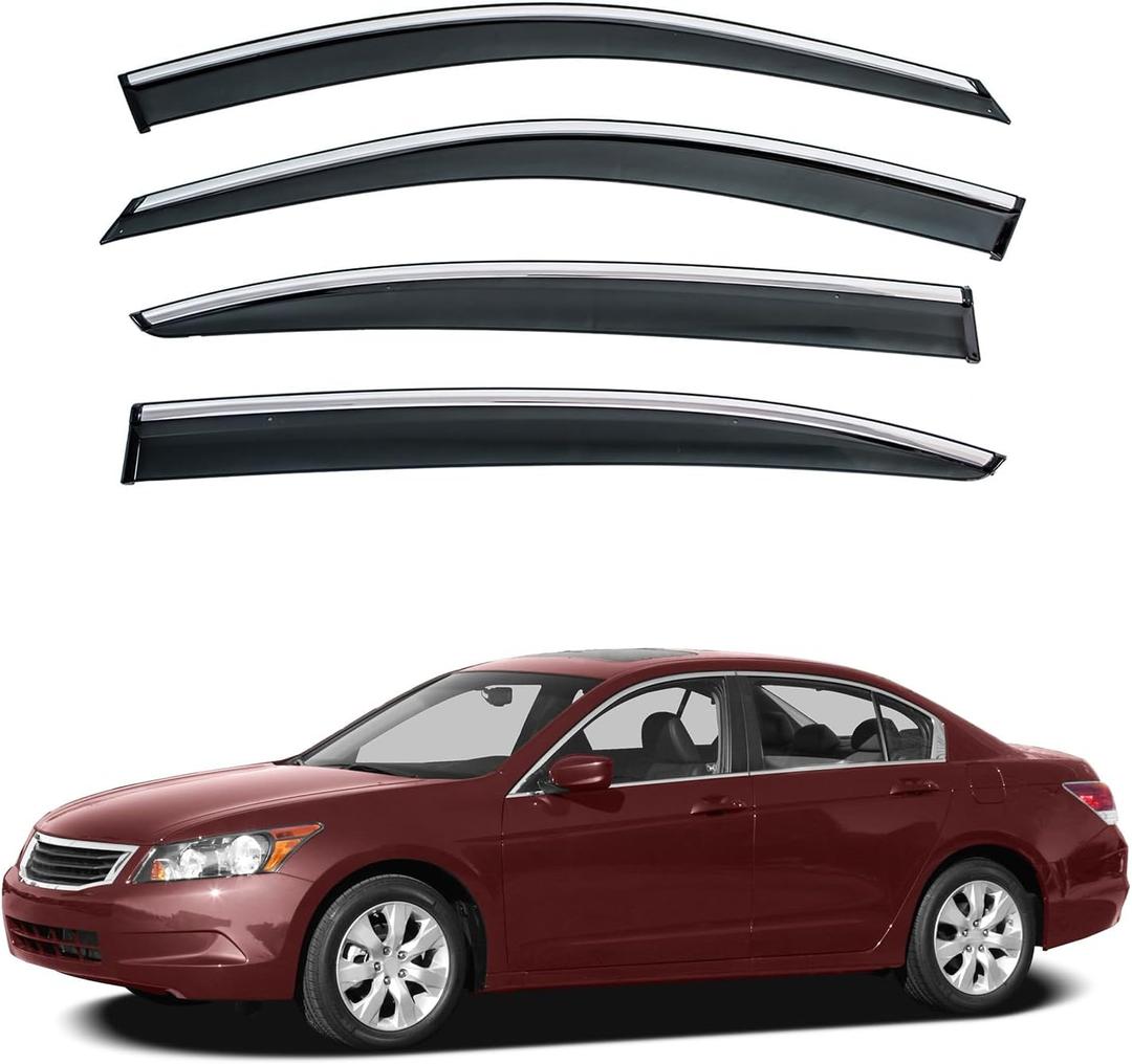 4pcs Smoke Tint with Chrome Trim Outside Mount Tape On/Clip On Style PVC Sun Rain Guard Vent Window Visors Compatible with 08-12 Accord 4-Door Sedan
