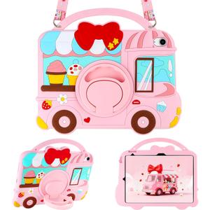 VOFUOE for iPad 11th Generation A16 Case 2025, for iPad 10th Generation Case 10.9 2022 Kids Girls Sweet Dessert House Design with Shoulder Straps Rotating Stand Soft Silicone Protective Cover-Pink