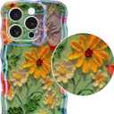 2 x Jusy Compatible with iPhone 11 Pro Max, Colorful Retro Oil Painting Printed Flower Laser Glossy Pattern Cute Curly Wave Phone Case Soft TPU Cover for Girly Women - Green Yellow