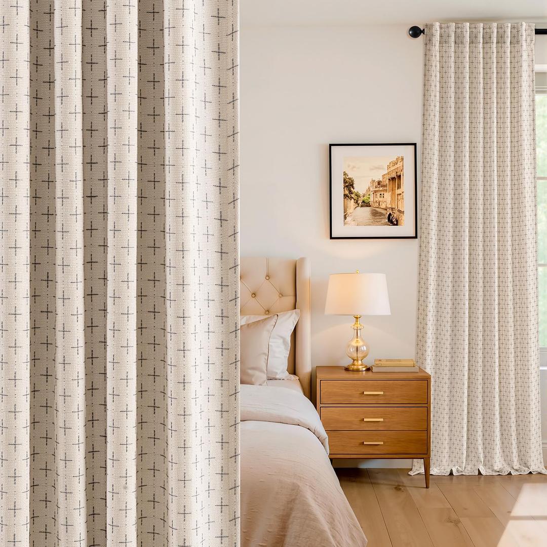 MIULEE 100% Blackout Decorative Linen Curtains with Geometric Pattern, Thick Woven Farmhouse Rustic Patterned Drapes with Back Tab for Bedroom and Living Room, Beige, 52 x 96 Inches, 2 Panels