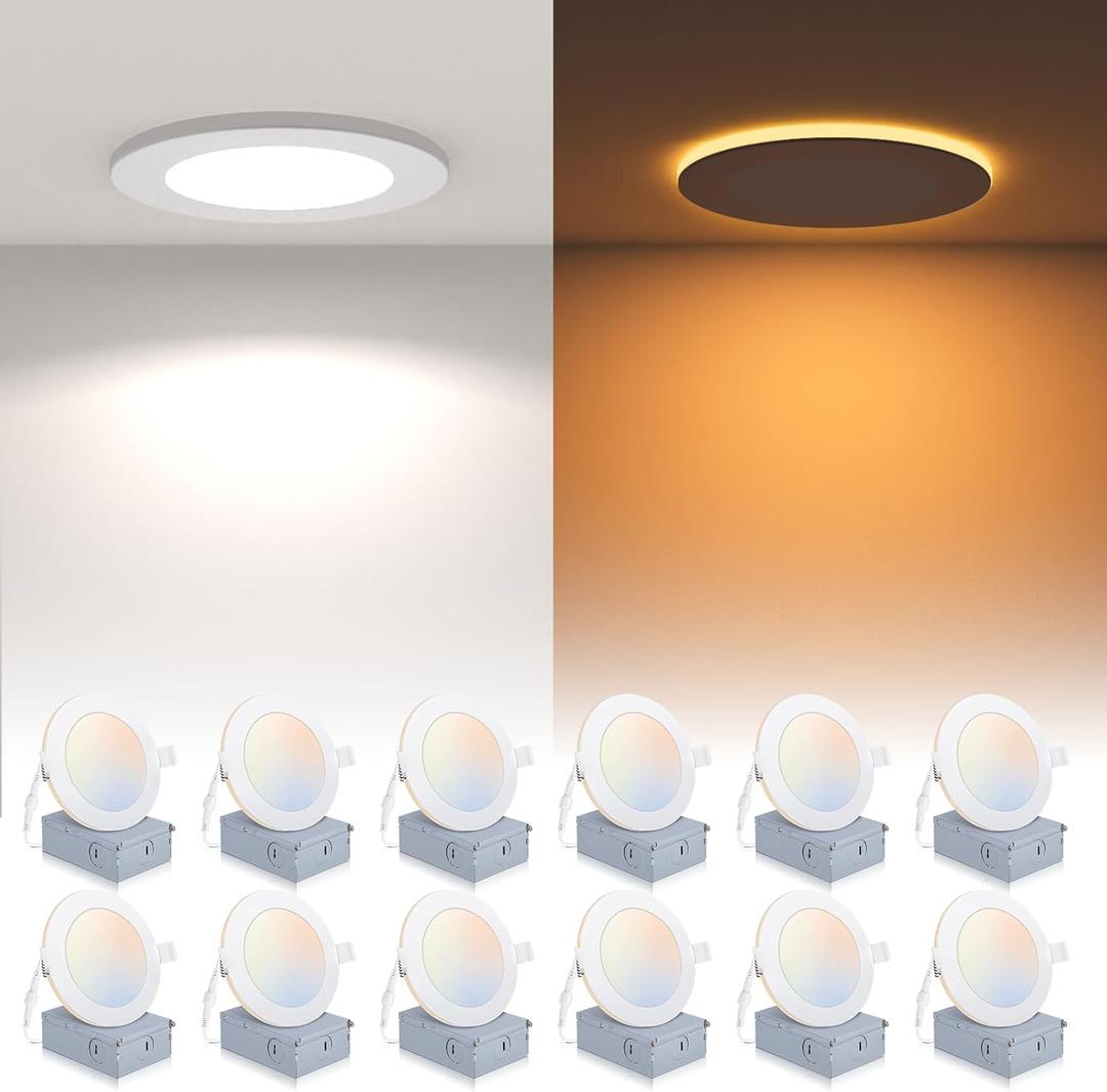 12 Pack Recessed Lighting 6 Inch with Night Light, 6 Inch LED Recessed Lights 5CCT Dimmable 2700K/3000K/4000K/5000K/6000K, 15W 1200LM Ultra Thin Recessed Lighting - ETL and Energy Star Certified