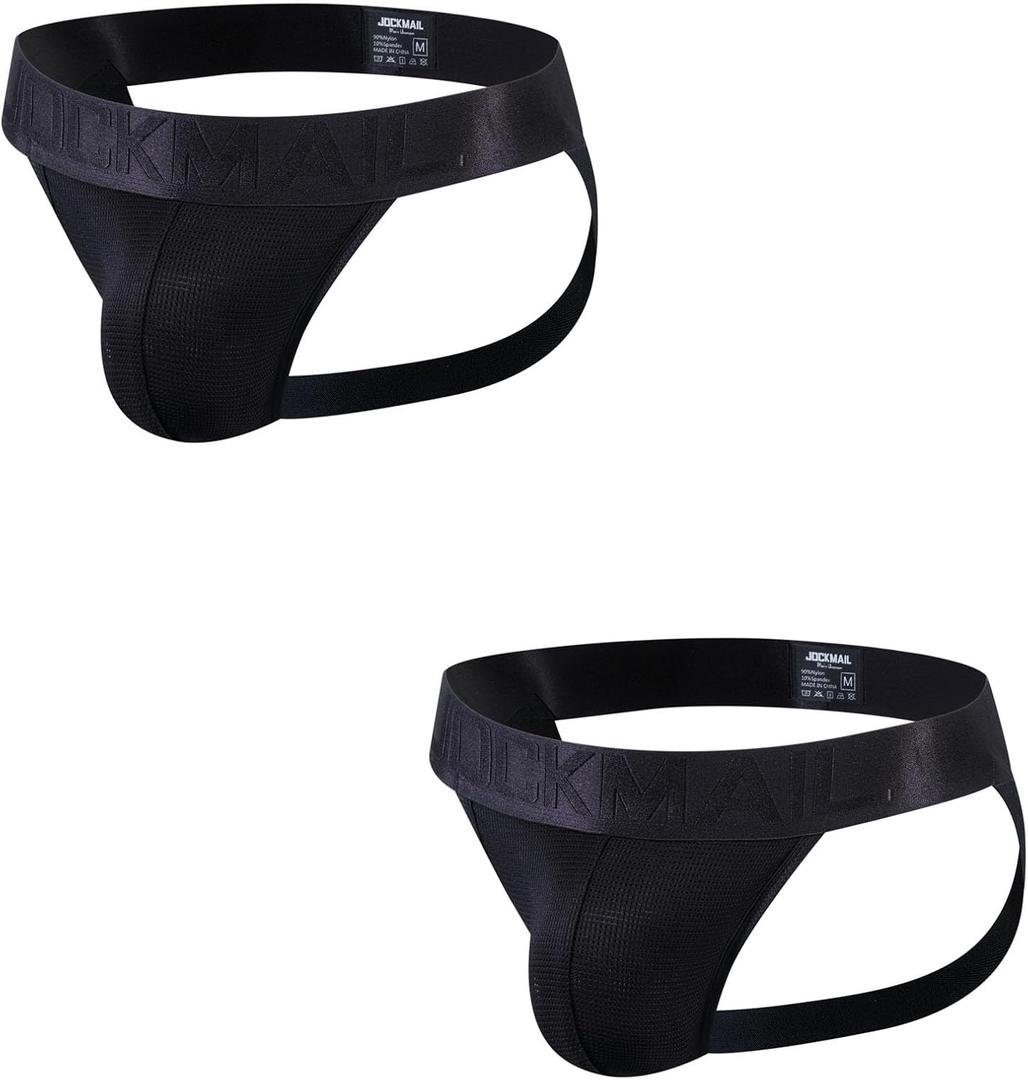 JOCKMAIL Mens Jock strap Underwear Athletic Supporter Performance Jockstrap Elastic 2 Pack (X-Large, Black)
