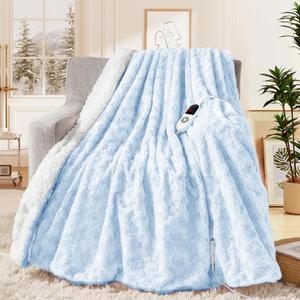 MAXEVE Heated Blanket Electric Throw 50"x60" Faux Rabbit Fur Sherpa Blankets with 6 Heating Sets & 12 Hours Auto Off, Warm Gifts for Grandma Wife, ETL Certification (Blue)