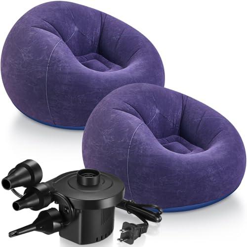 Realspring 2 Pcs Inflatable Bean Bag Chairs with Electric Air Pump Outdoor Blow up Chair Inflatable Lazy Sofa Folding Portable Loungers Couch for Living Room Bedroom (Blue)