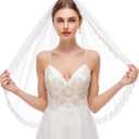 Cobirfam Bridal Veil Lace Edge 1 Tier Fingertip Length Wedding Veil with Comb for Brides (Off-white-29in)