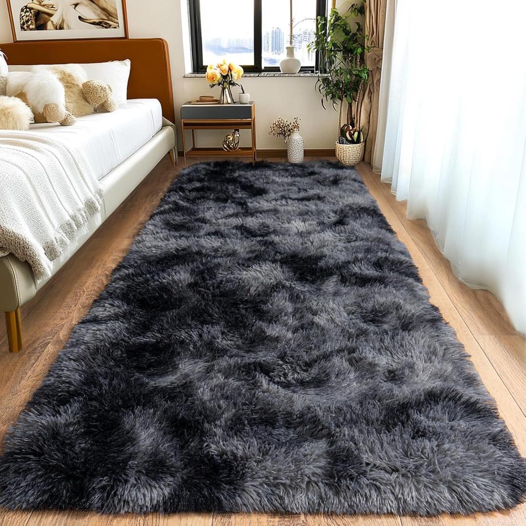 Fluffy Runner Rugs for Bedroom 2x6, Modern Shaggy Area Rug for Hallway Living Room, Plush Soft Fuzzy Bedside Carpet for Kids Girls Boys Room Nursery Decor, Dark Grey