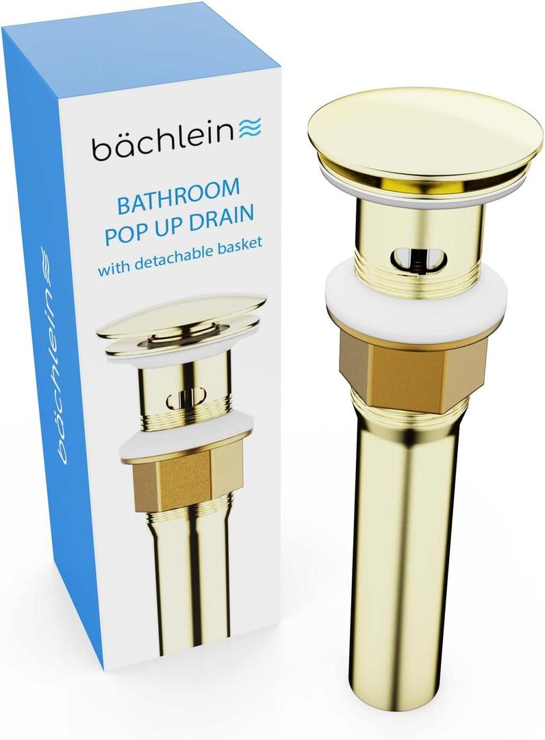 Bathroom Sink Drain with Overflow - Brushed Gold Pop Up Drain incl. 3 Extra Seals - German Brand