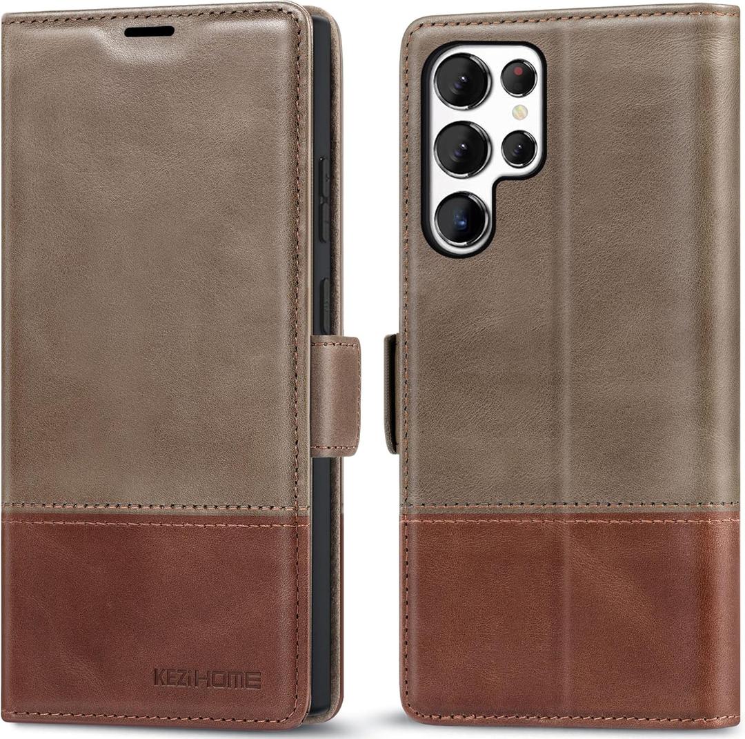 KEZiHOME for Samsung Galaxy S24 Ultra Case, Genuine Leather [RFID Blocking] Galaxy S24 Ultra Wallet Case, Card Slot Flip Kickstand Magnetic Phone Cover Compatible with Samsung S24 Ultra (Gray/Brown)