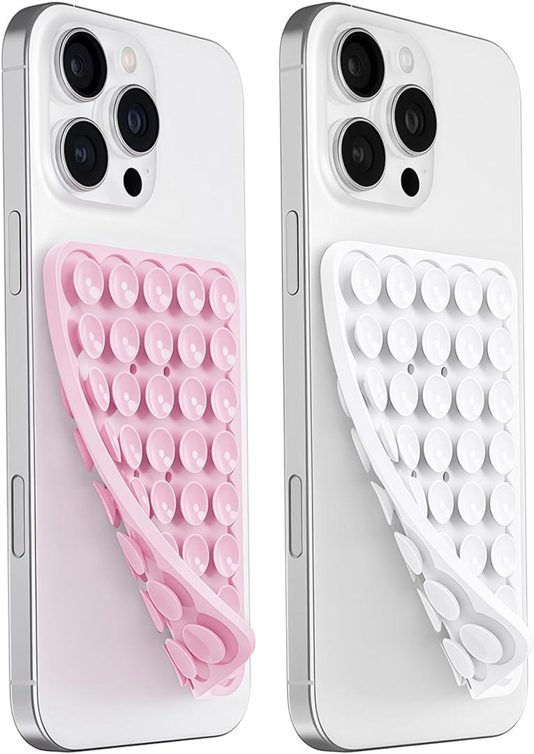 4 x JingJinYY 2 Pack Double Sided Silicone Suction Cup Phone Case Mount, Hands-Free Strong Grip Silicon Phone Holder for Selfies and Videos, Non Slip Phone Accessories (LightPink&White)
