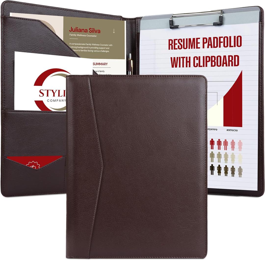 STYLIO Padfolio Folder with Removable Clipboard | Walnut (Brown) Color| Portfolio Organizer | Binder with Storage for Notebook, Notepad | Nursing Clipboard Folio | Vegan Leather (Padfolio w/ Clipboard (12.5" x 9.7" x 1"))