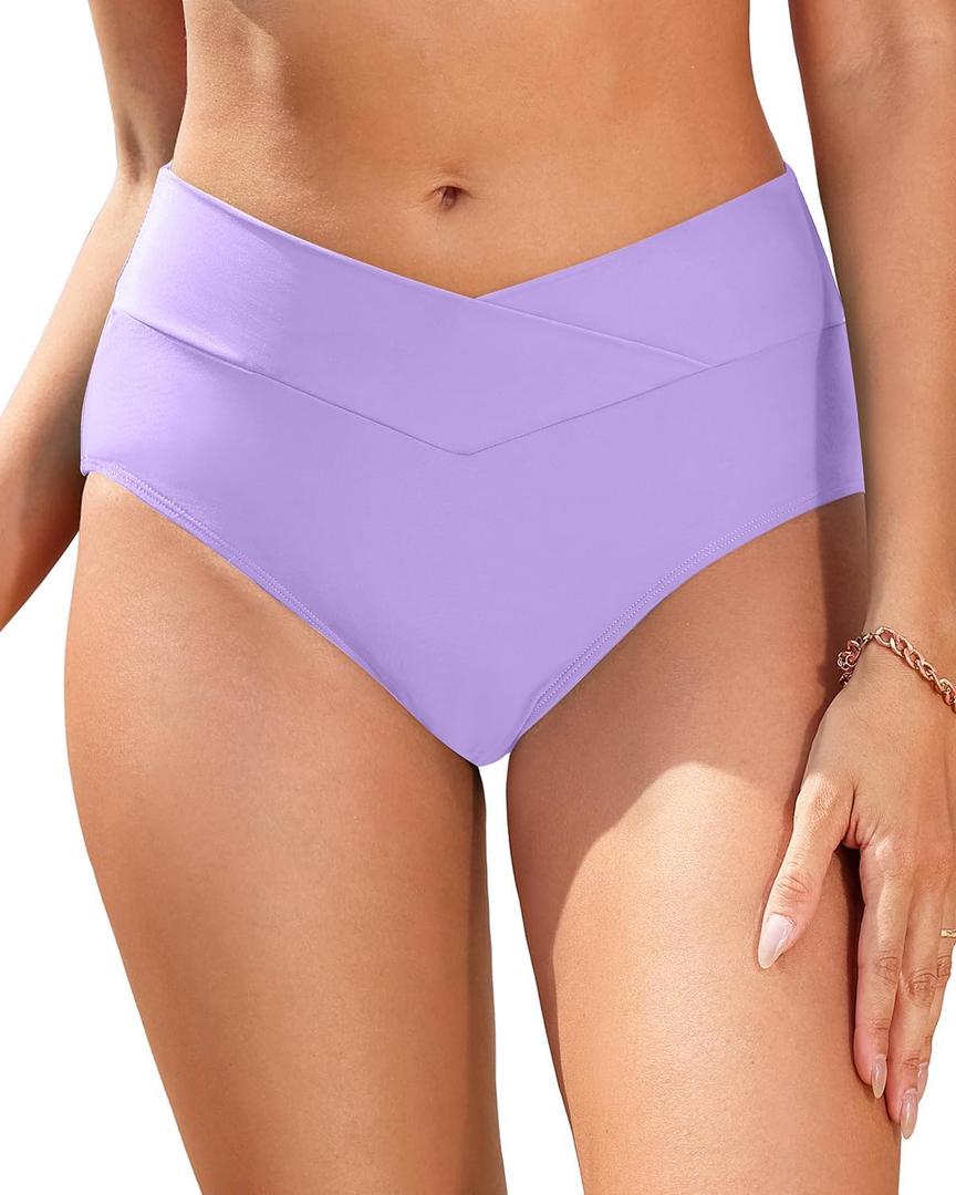 Women V Cut Full Coverage Bikini Bottom - High Waist Swim Bathing Suit Bottoms Cross V Front Swimsuit (Medium)