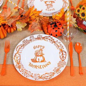175pcs Plastic Thanksgiving Dinnerware Set for 25 Guests, 25 Disposable White Dinner Plates 10.25", 25 Gold Turkey Pumpkin Dessert Plates, 75 Orange Silverware, 25 Cups and Table Cards