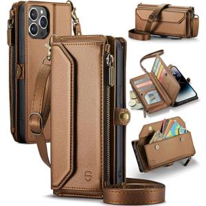 Wallet Case Compatible with iPhone 14 Pro Max RFID Blocking 10-Card Holder Soft PU Leather Magnetic Snap Shoulder Strap Zipper Pocket Phone Case Fit for iPhone 14 Pro Max - Brown