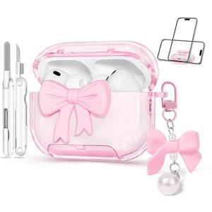 for Airpods Pro 3 Case Pink 2025 with Safety Lock & Phone Stand, 3D Bow Clear iPod Pro 3 Cases with Cute Keychain & Cleaning Kit, Soft TPU Cover for AirPods Pro 3rd Generation Case Girls Women