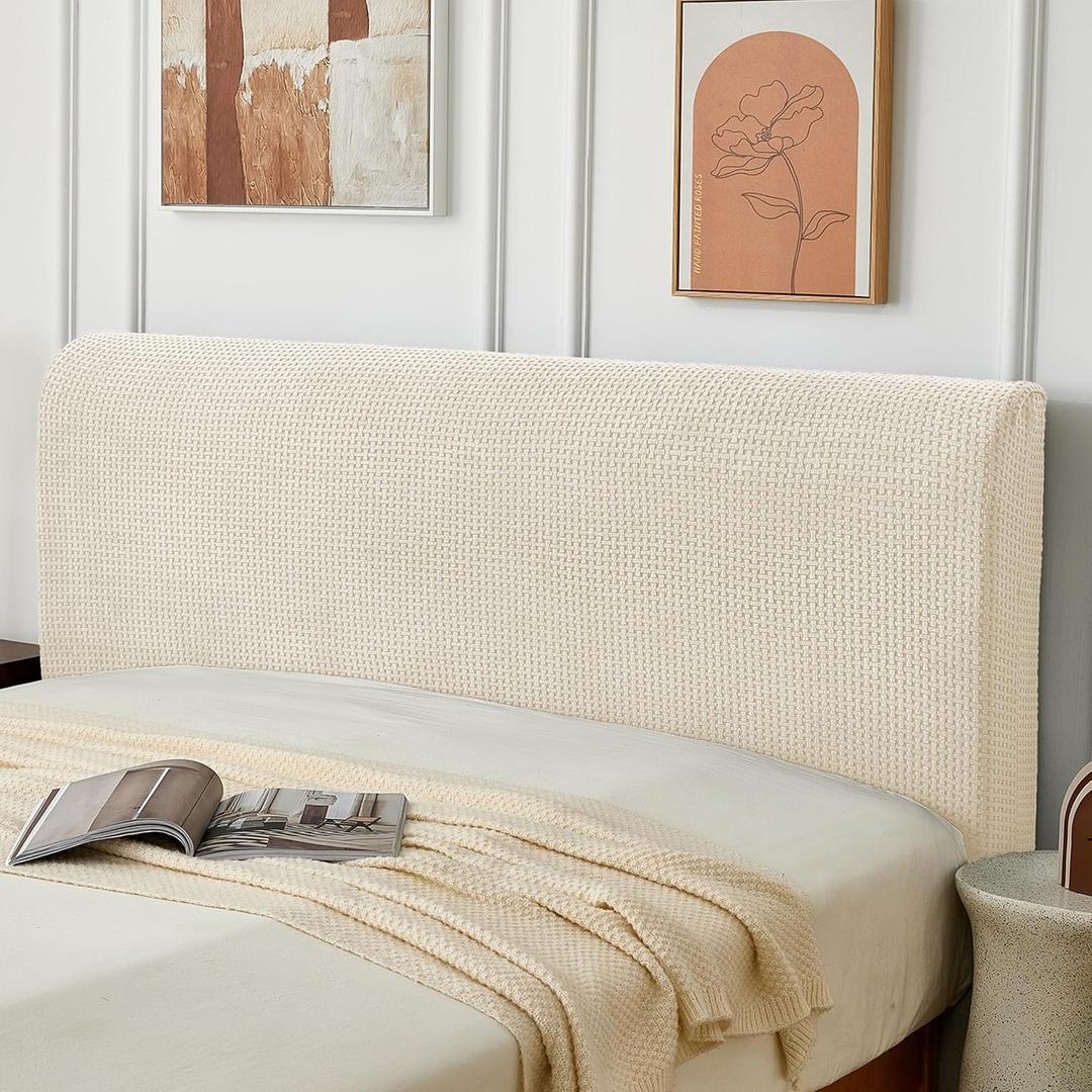 Bed Headboard Cover King, Stretch Bed Head Board Slipcover, Jacquard Protector Slip Cover for Upholstered Headboard (Grid Weave White, King Headboard Length (70"-80"))