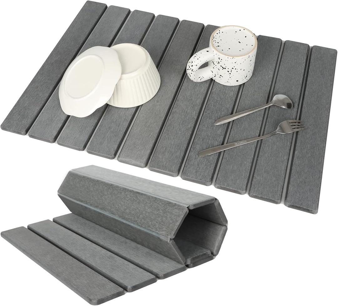 Large Stone Dish Drying Mat for Kitchen Counter, Eco-friendly, Instant Drying Pad,Diatomaceous Earth Water Absorbing Mat, Foldable and Super Absorbent Dish Drying Stone Mat, 24"16", Dark Gray